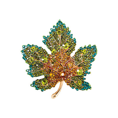 Autumn Maple Leaf Light Gold Alloy Rhinestone Brooch Pins PW-WG57699-04-1