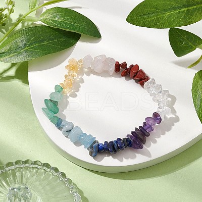 Chakra Natural Rose Quartz & Quartz Crystal & Red Jasper & Green Aventurine & Lapis Lazuli & Amethyst Chip Beaded Stretch Bracelets BJEW-JB10777-02-1