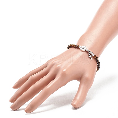 7Pcs 7 Style Natural Mixed Gemstone & Alloy Saint Benedict Medal Beaded Stretch Bracelets Set BJEW-JB08877-1