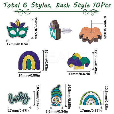 60Pcs 6 Styles Saint Patrick's Day Wood Stud Earrings EJEW-SC0001-42-1