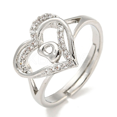 Heart with Letter Rack Plating Brass Micro Pave Clear Cubic Zirconia Adjustable Rings for Women RJEW-I105-01P-D-1