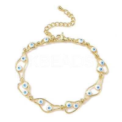 Brass Enamel Flat Round Evil Eye Link Chain Bracelets for Women BJEW-G764-01G-03-1