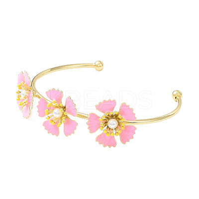Alloy Flower with Imitation Pearl Beaded Open Cuff Bangle for Women LS-BJEW-D054-02G-01-1