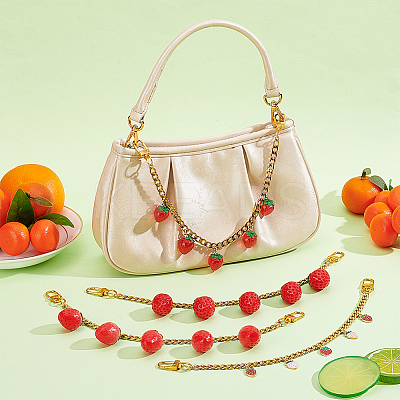 4Pcs 4 Styles Alloy Enamel & Resin Fruit Red Strawberry Charm 304 Stainless Steel Bag Decorative Chains HJEW-PH02272-1