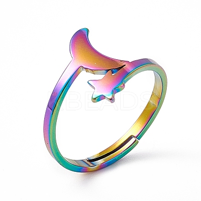 Ion Plating(IP) 201 Stainless Steel Moon & Star Adjustable Ring for Women RJEW-K238-08M-1