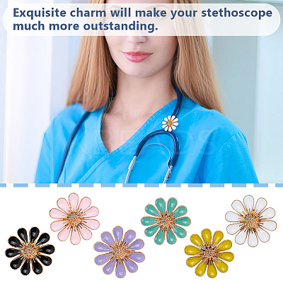 12Pcs 6 Colors Flower Alloy Enamel Stethoscope Pendant Decorations HJEW-OC00052-1