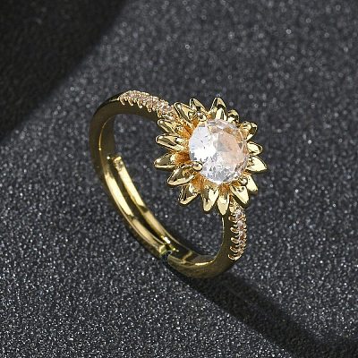 Flower Brass with Clear Cubic Zirconia Finger Rings for Women RJEW-Z111-01G-1