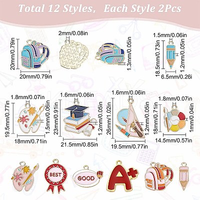 24Pcs 12 Style School Theme Alloy Enamel Pendants FIND-SC0004-12-1
