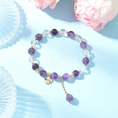 Natural Quartz Crystal & Amethyst Round Beaded Stretch Bracelets BJEW-JB11935-03-1