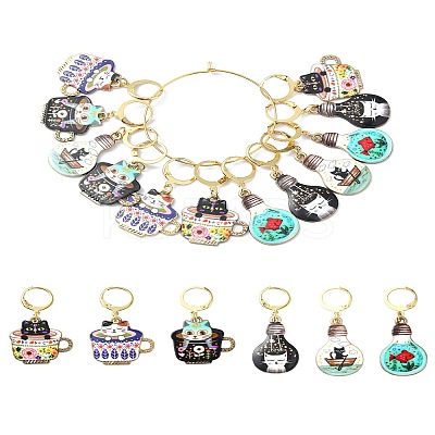 Cat Alloy Enamel Pendant Locking Stitch Markers HJEW-YW00021-1