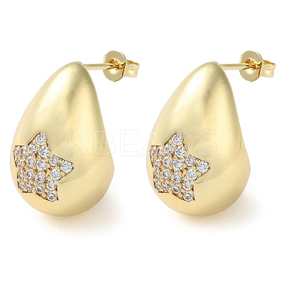 Teardrop with Star Brass Micro Pave Clear Cubic Zirconia Stud Earrings EJEW-A034-03G-1