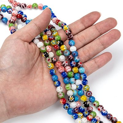 Millefiori Glass Round-Single Flower Bead Strands LK14-1