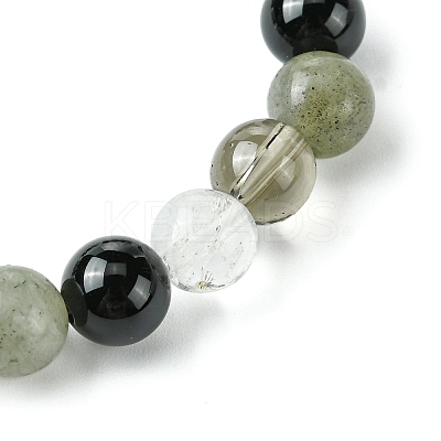 Synthetic Smoky Quartz & Labradorite & Quartz Crystal & Obsidian Round Beaded Stretch Bracelets BJEW-JB10910-11-1