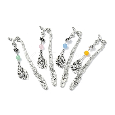 Natural & Dyed Malaysia Jade Round Beaded Alloy Bookmarks AJEW-JK00292-1