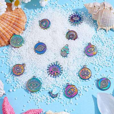 16Pcs 8 Style Eye Theme 304 Stainless Steel Rhinestone Pendants STAS-SZ0002-85MC-1