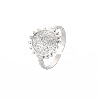 Non-Tarnish 304 Stainless Steel Flat Round with Initial Letter Open Cuff Ring for Men Women RJEW-S405-246P-K-1