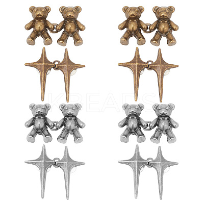 8Pcs 4 Style 4 Pointed Star & Bear Alloy Adjustable Jean Button Pins AJEW-DR0001-33-1