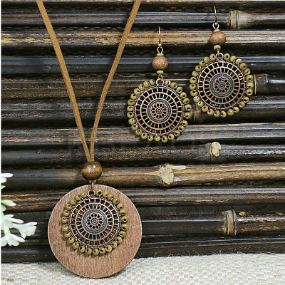 Bohemian Alloy Enamel & Wood Pendant Necklaces & Dangle Earrings Sets WG0DDDA-02-1