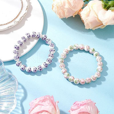 2Pcs 2 Colors Handmade Flower Printed Porcelain Ceramic Round Beads Stretch Bracelets for Women BJEW-JB12091-1