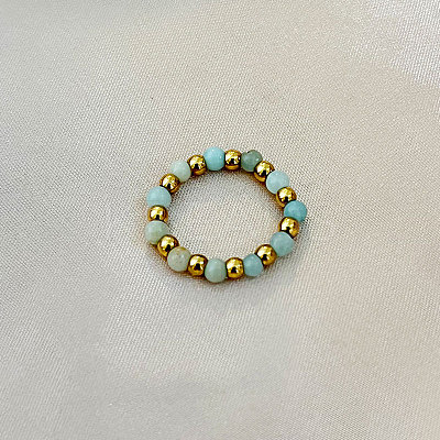201 Stainless Steel with Natural Flower Amazonite Round Beaded Stretch Finger Rings FS-WGCE9C4-05-1