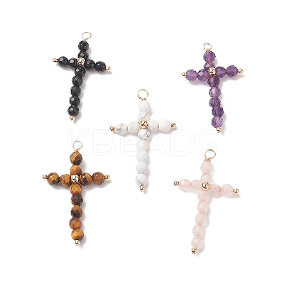 Natural Mixed Stone Faceted Round Copper Wire Wrapped Pendants PALLOY-JF02011-1
