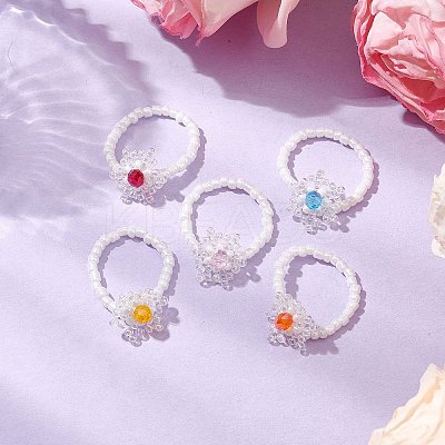 Snowflake Handmade Glass Seed Beads Stretch Rings for Women RJEW-MZ00027-1