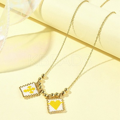 Rectangle with Cross & Heart Glass Seed Beaded Pendant Necklace NJEW-MZ00015-01-1