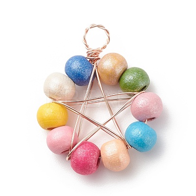 Natural Wood Round Beads Pendants PALLOY-JF01763-03-1