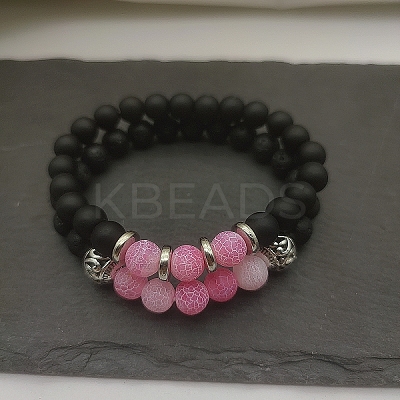 Natural Lava Rock & Frosted Stone Round Beads Stretch Bracelet Set Women DF9720-1-1