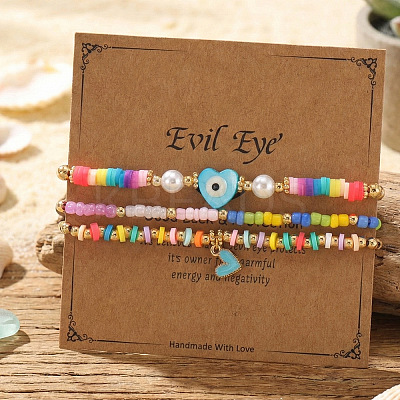 3Pcs Glass Seed Bead & Resin & Brass Braided Bead Bracelets LW3639-5-1