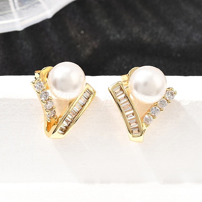 Round Brass Micro Pave Clear Cubic Zirconia Stud Earrings EJEW-A135-28G-1