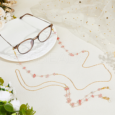 2Pcs Alloy & Cherry Quartz Glass Chips Chains for Eyeglasses HJEW-FH00128-1