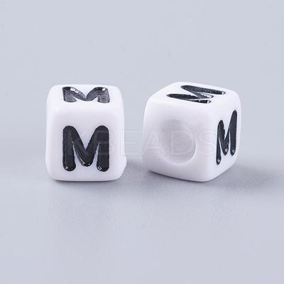 White Letter M Acrylic Cube Beads X-PL37C9308-M-1