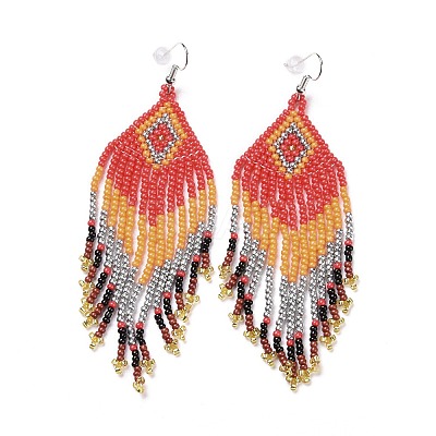 Glass Seed Braided Rhombus with Tassel Chandelier Earrings LS-EJEW-H084-09P-1