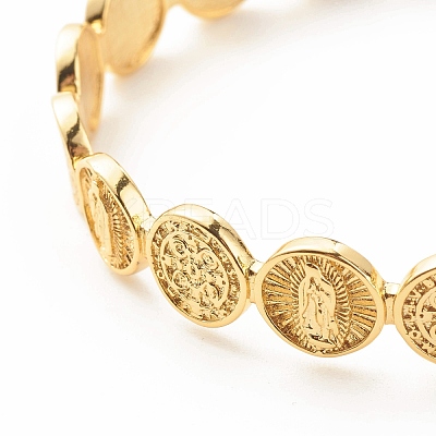 Brass Flat Round with Rosary Jesus Open Cuff Bangle for Women BJEW-B054-04G-1