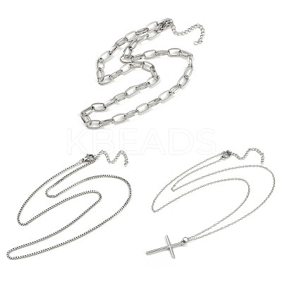 304 Stainless Steel Cross Pendant 3 Layer Necklaces for Women LS-NJEW-F343-02P-1