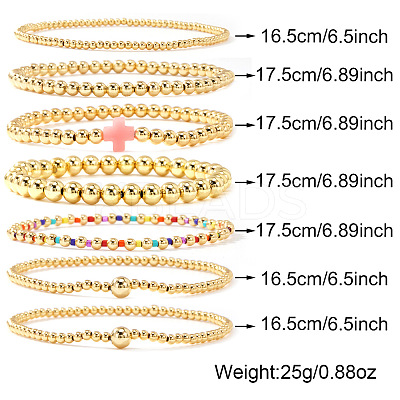 7Pcs Brass Round Beaded Bracelets for Women SB9067-3-1