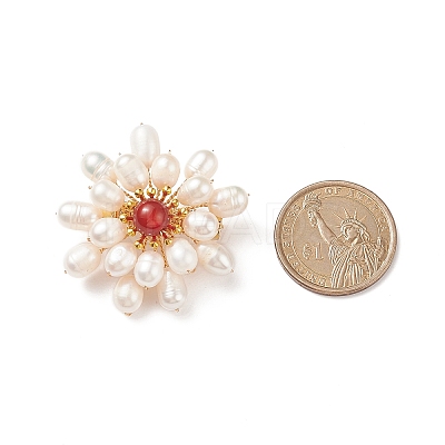 Natural Carnelian & Pearl Braided Bead Flower Lapel Pin JEWB-TA00006-02-1