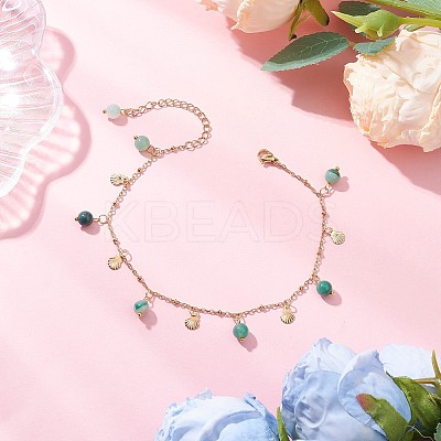 Dyed Natural Banded Agate Round & 304 Stainless Steel Shell Shape Tassel Anklets for Women AJEW-AN00702-01-1