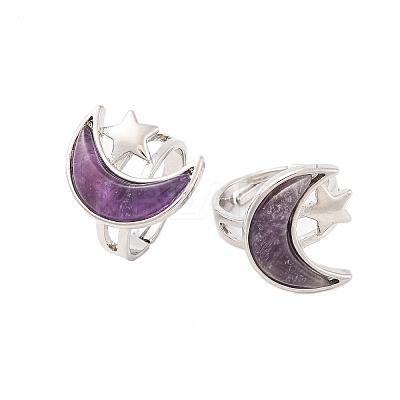 Moon & Star Natural Amethyst Adjustable Rings G-B085-18P-03-1