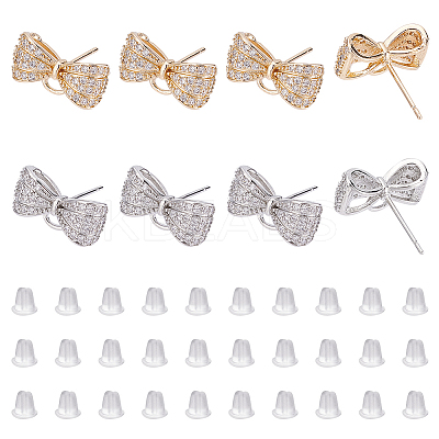 4 Pairs 2 Colors Rack Plating Brass Micro Pave Clear Cubic Zirconia Earring Findings KK-DC0001-37-1