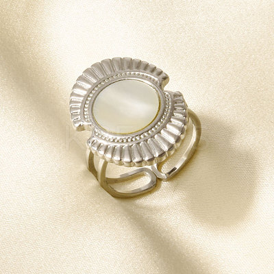 304 Stainless Steel with Natural Shell Cuff Open Rings for Women FC7399-1-1
