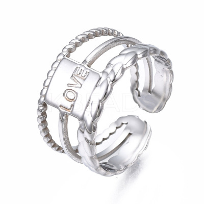 Non-Tarnish 304 Stainless Steel Rectangle with Word Love Open Cuff Ring RJEW-T023-39P-1