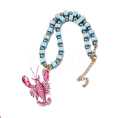 Plastic Pink Lobster Pendant Striped Square Beaded Necklaces with Alloy End Chains LS-NJEW-D336-02G-1