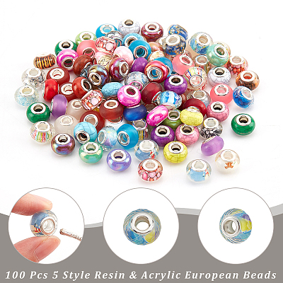 100Pcs 5 Styles Resin & Acrylic European Beads RPDL-NB0001-24-1