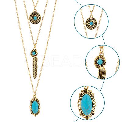 2Pcs 2 Colors Flower & Feather & Oval Imitation Turquoise Pendants 3 Layer Necklaces Set NJEW-AN0001-06-1