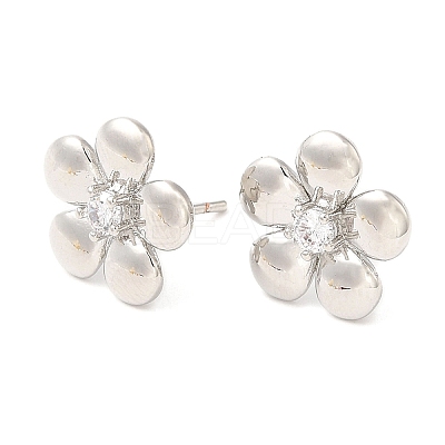 Brass Flower Stud Earrings with Clear Cubic Zirconia EJEW-Q770-10P-1
