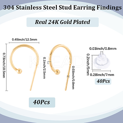 40Pcs 304 Stainless Steel Stud Earring Findings STAS-SC0010-33G-1