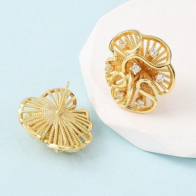 Flower Brass Micro Pave Clear Cubic Zirconia Stud Earrings EJEW-D346-01G-1