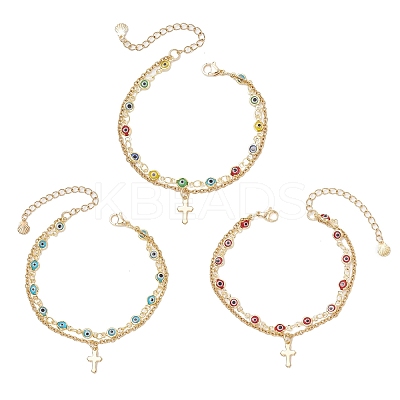 3Pcs 3 Colors Handmade Evil Eye Lampwork Link Multi-layered Bracelets BJEW-JB12213-1